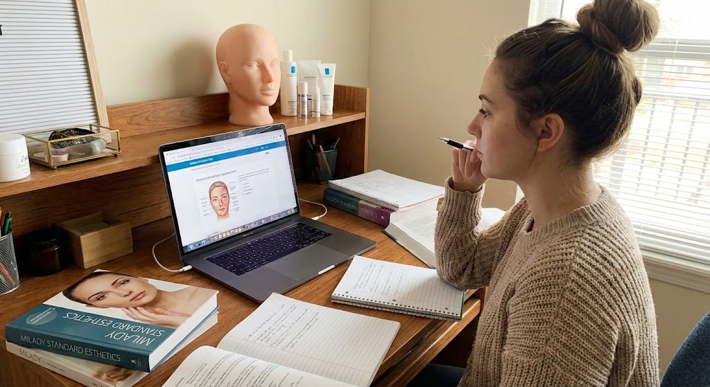 Esthetician student studying for the California state board exam with Milady Standard Esthetics textbook, practice test on laptop, and training mannequin